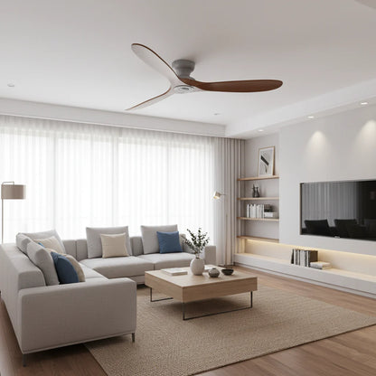 Ventilateur Plafond Bois Massif Sans LED — Moteur DC 35W Silencieux — Gris & Bois Foncé
