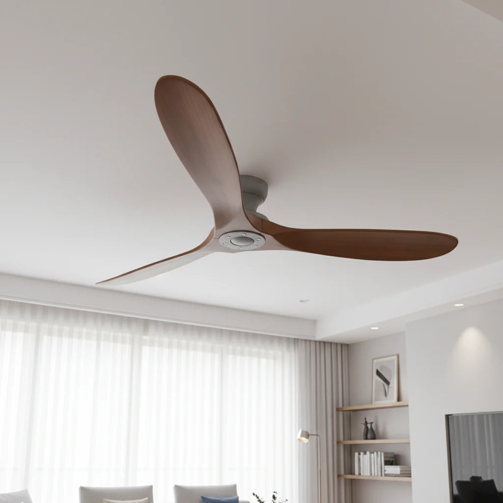 Ventilateur Plafond Bois Massif Sans LED — Moteur DC 35W Silencieux — Gris & Bois Foncé