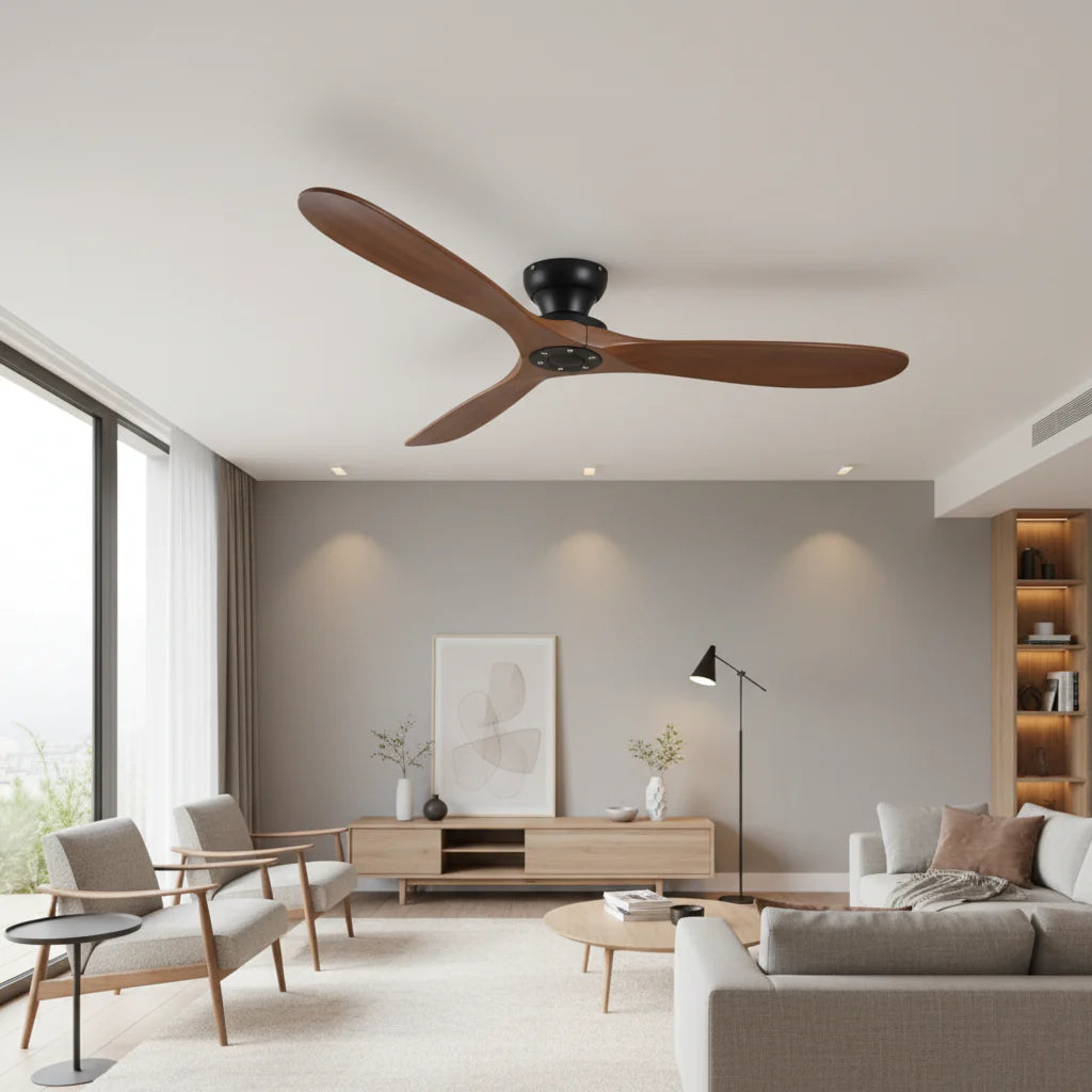 Ventilateur Plafond Bois Massif Sans LED — Moteur DC 35W Silencieux — Noir & Bois Foncé