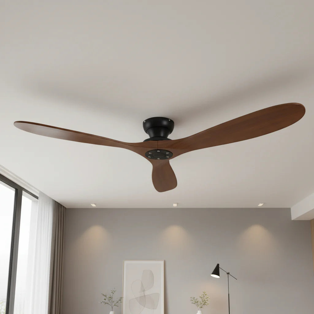 Ventilateur Plafond Bois Massif Sans LED — Moteur DC 35W Silencieux — Noir & Bois Foncé