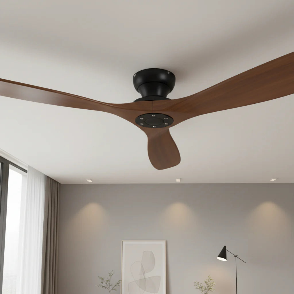 Ventilateur Plafond Bois Massif Sans LED — Moteur DC 35W Silencieux — Noir & Bois Foncé