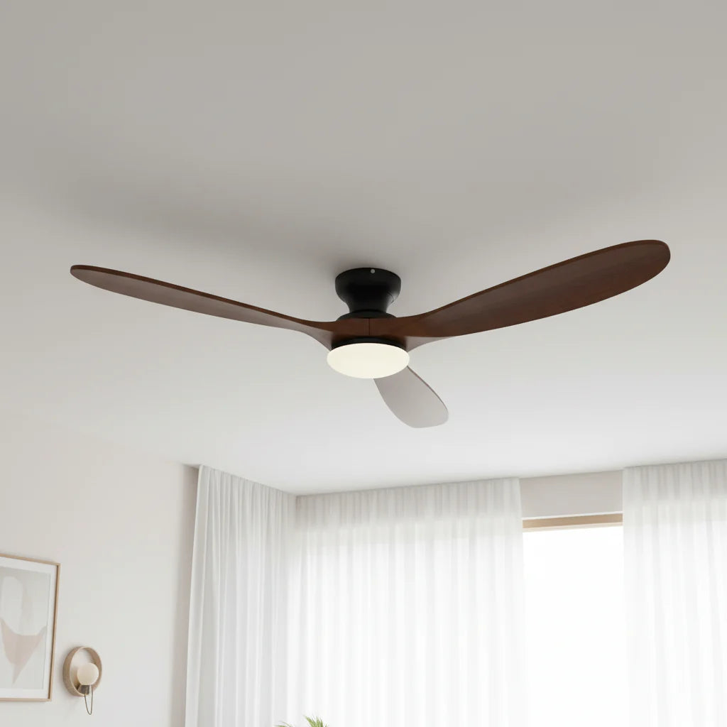 Ventilateur Plafond Bois Massif LED 24W — Moteur DC 35W Silencieux — Noir & Bois Foncé