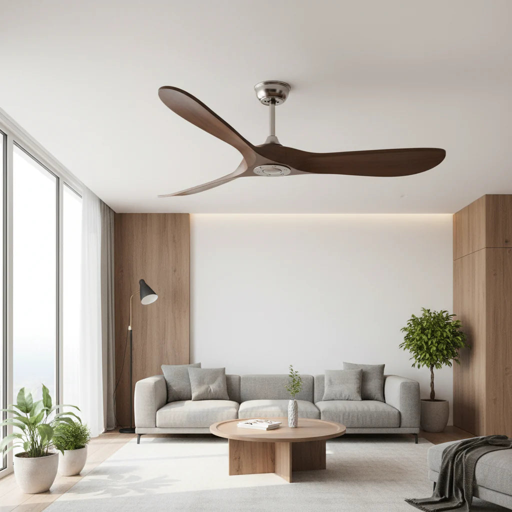 Ventilateur Plafond Vintage Industriel Sans LED — Moteur DC 35W — Argent & Bois Foncé