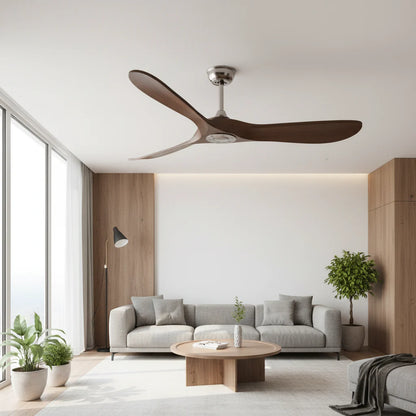 Ventilateur Plafond Vintage Industriel Sans LED — Moteur DC 35W — Argent & Bois Foncé