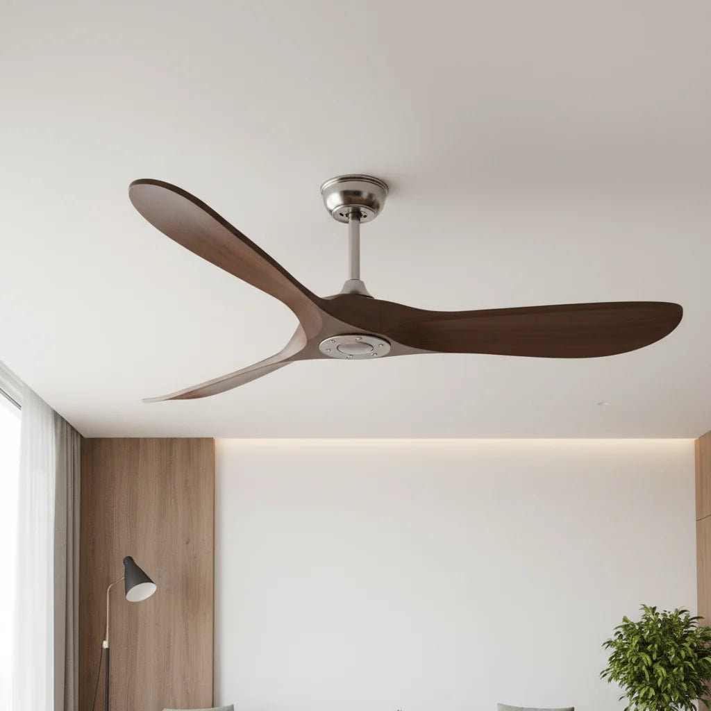 Ventilateur Plafond Vintage Industriel Sans LED — Moteur DC 35W — Argent & Bois Foncé