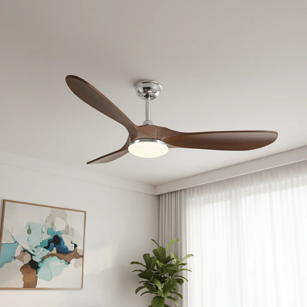 Ventilateur Plafond Vintage Industriel LED 24W — Moteur DC 35W — Argent & Bois Foncé