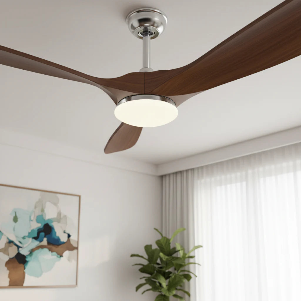Ventilateur Plafond Vintage Industriel LED 24W — Moteur DC 35W — Argent & Bois Foncé