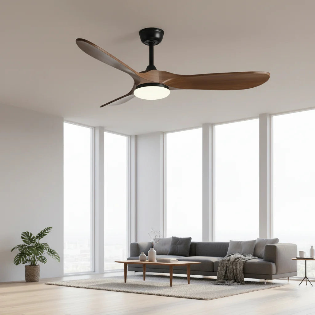 Ventilateur Plafond Vintage Industriel LED 24W — Moteur DC 35W — Noir & Bois Foncé
