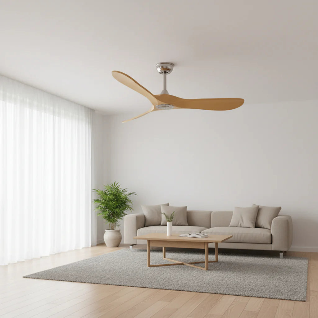 Ventilateur Plafond Vintage Industriel Sans LED — Moteur DC 35W — Argent & Bois Clair