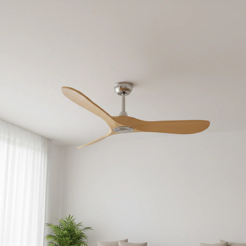 Ventilateur Plafond Vintage Industriel Sans LED — Moteur DC 35W — Argent & Bois Clair